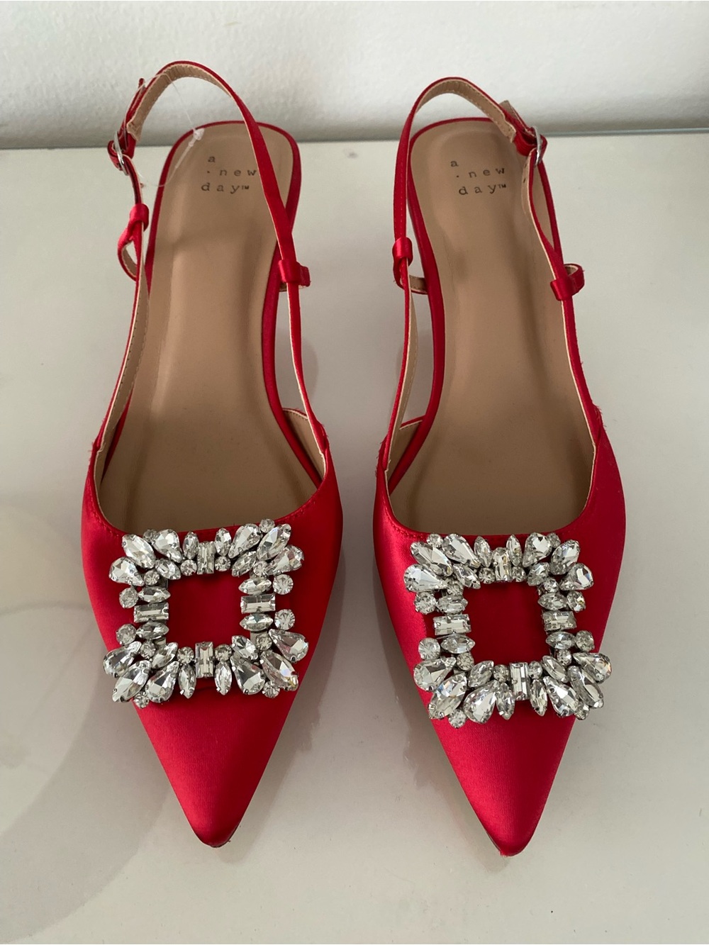 a new day Red Satin Pointed Slingback Flats with Crystal Square Buckles
